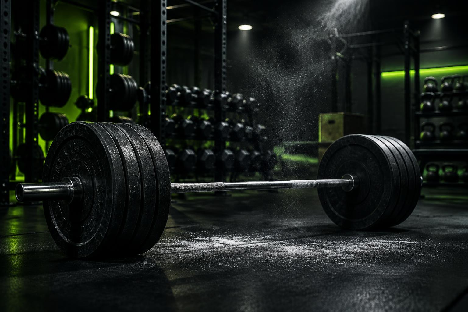 Barbell in a dark gym with lime accent lighting